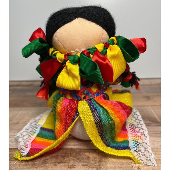 Handmade Traditional Mexican Cloth Doll With Braided Hair & Colorful Ribbon - Picture 3 of 5